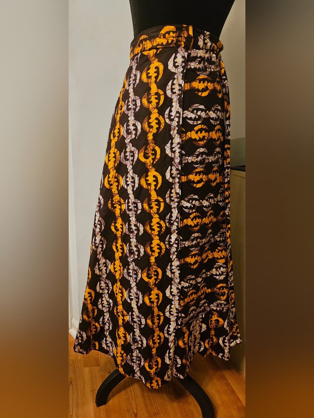 Rainbow Ankara Black Maxi Skirt with Orange and Cream Chain Print